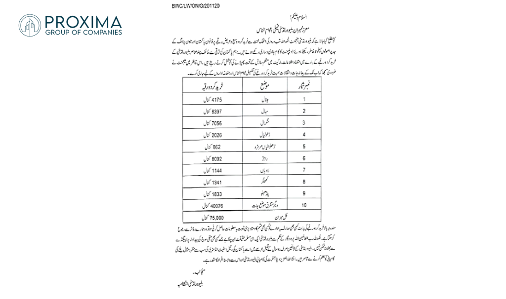 Official Notice of Procured land Area by BWC Management: